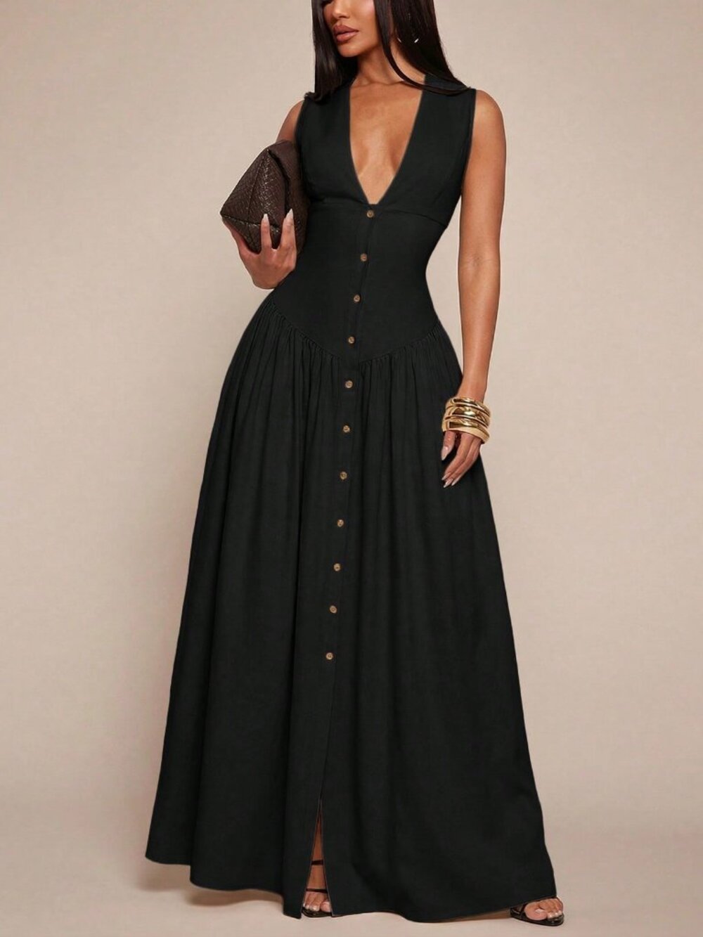 Black Elegant Minimalist Women's Long V-Neck Sleeveless Dress - Picture 1 of 7
